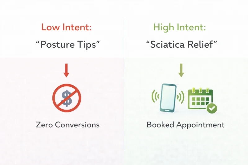 A comparison chart showing why low intent wellness keywords fail to generate clinic bookings compared to high intent chiropractic blog post ideas.
