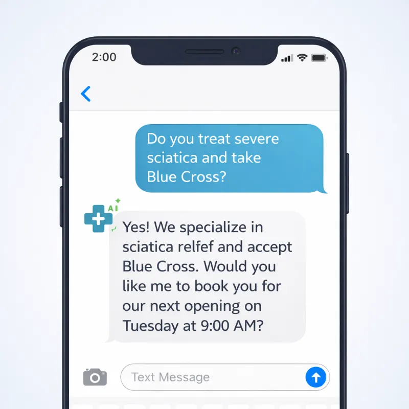 A mobile phone showing a HIPAA-compliant AI chatbot automatically answering a patient's insurance question and booking an appointment at 2 AM.