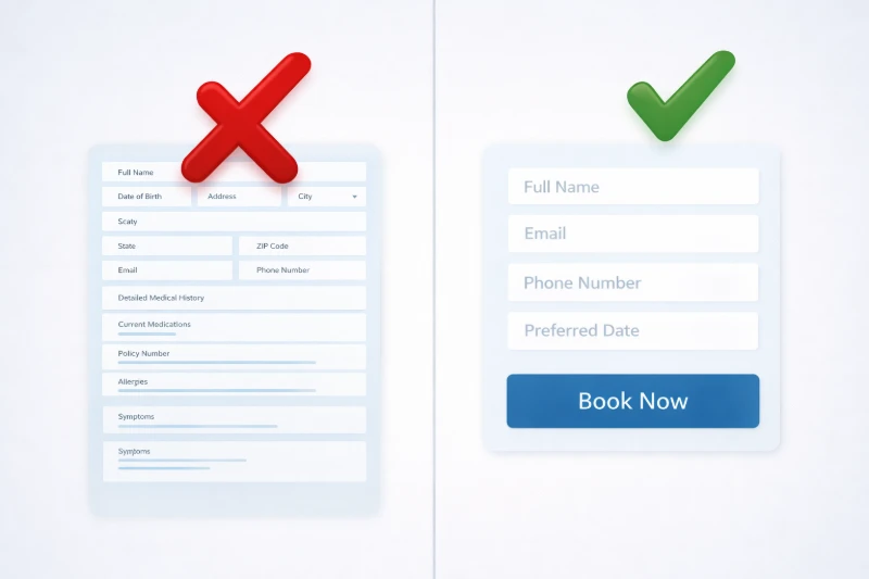 An infographic demonstrating how long patient intake forms kill conversion rates compared to simple micro-commitment contact forms on chiropractic websites.
