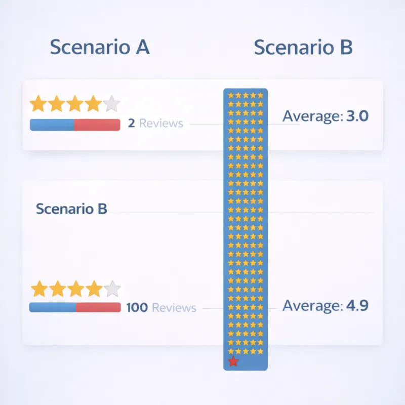 A bar chart showing how increasing the volume of 5-star reviews dilutes the impact of a single negative 1-star review on a clinic's total rating.