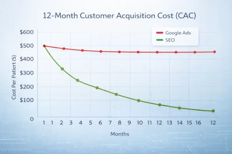 A line graph comparing the 12-month Customer Acquisition Cost of chiropractic SEO versus Google Ads, showing SEO costs dropping significantly over time.
