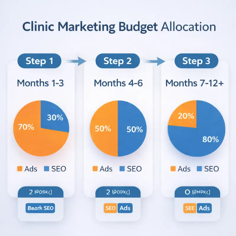 A 3-step pie chart infographic showing the ideal chiropractor marketing budget allocation, starting with a heavy Google Ads spend and transitioning to a heavy SEO spend over 12 months.