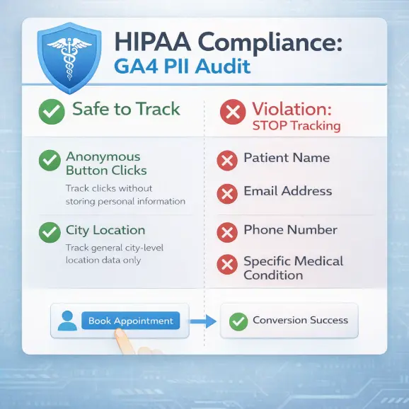 A technical checklist infographic for medical clinics outlining what is safe to track anonymously in Google Analytics 4 and what Patient Identifiable Information (PII) must be avoided to maintain HIPAA compliance.