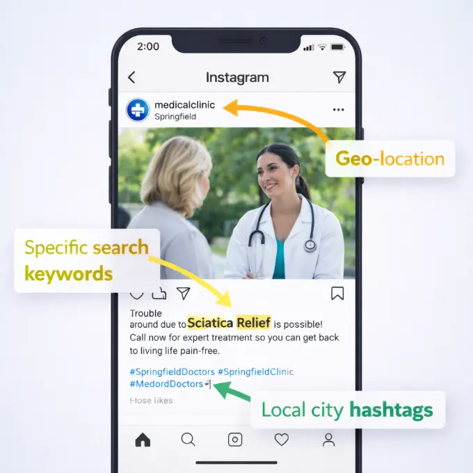 A visual breakdown of how to optimize a chiropractic Instagram post using local geo-tags, keyword-rich captions, and local hashtags.