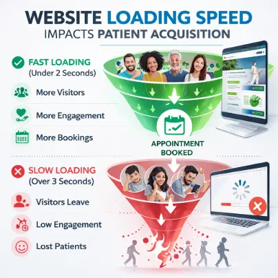 A marketing funnel diagram illustrating the direct correlation between chiropractic website loading speed and patient acquisition rates, showing how slow sites cause funnel leaks.