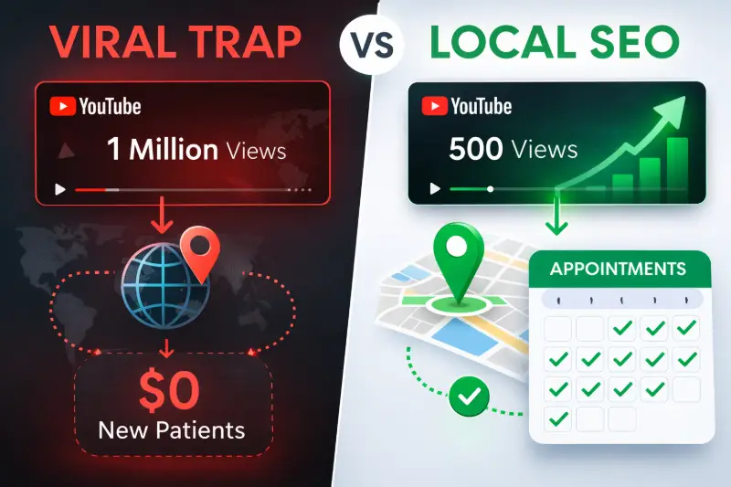 An infographic comparing the zero-dollar ROI of global viral chiropractic videos to the high profitability of local YouTube SEO videos.